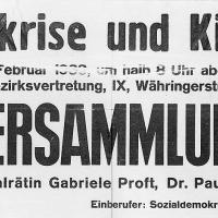 Aufruf des sozialdemokratischen Bezirksfrauenkomitees Alsergrund zu einer Frauenversammlung am 23. Februar 1933 in Wien mit Gabriele Proft als Rednerin