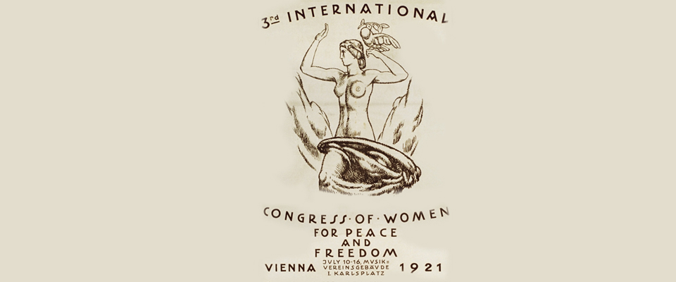 Plakatausschnitt mit Frau und Friedenstaube anlässlich des 3rd International Congress of Women for Peace and Freedom in Wien 1921