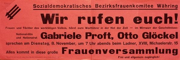 Ankündigung einer Frauenversammlung des Sozialdemokratischen Bezirksfrauenkomitees Währing am 8. November 1932 mit Gabriele Proft und Otto Glöckel als RednerInnen