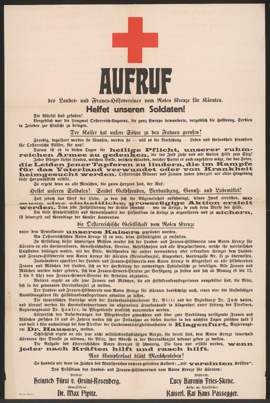 Aufruf des Landes- und Frauen-Hilfsvereines vom Roten Kreuze für Kärnten 1914