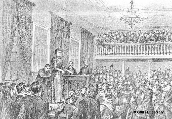 Die Arbeiterinnenführerin Adelheid Popp hält vor einer Versammlung arbeitsloser Frauen öffentlich eine Agitationsrede. (Dezember 1892)
