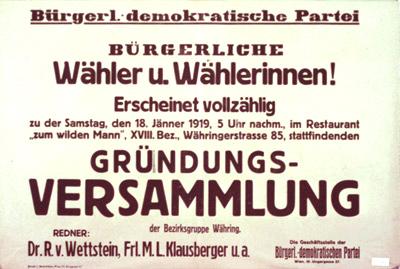 Maria L. Klausberger als Rednerin bei der Gründungsversammlung der Bürgerlich-demokratischen Partei (Plakat 1919)