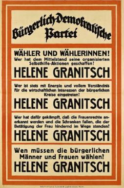 Wahlwerbung der bürgerlich-demokratischen Partei zur konstituierenden Nationalversammlung am 16.2.1919 mit Helene Granitsch als Kandidatin