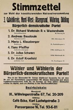 Stimmzettel zur Wahl zur konstituierenden Nationalversammlung [und Nationalratswahl 16.02.1919] mit den Kandidatinnen der Bürgerlich-demokratischen Partei