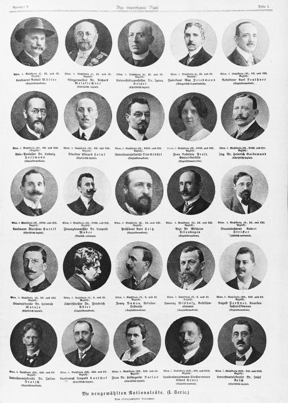 Bildnis Hildegard Burjans auf einem Tableau mit 25 Abgeordneten zum Nationalrat (1919)