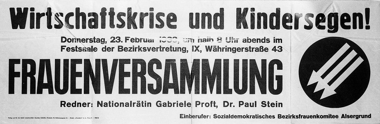 Aufruf des sozialdemokratischen Bezirksfrauenkomitees Alsergrund zu einer Frauenversammlung am 23. Februar 1933 in Wien mit Gabriele Proft als Rednerin