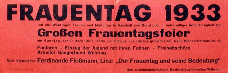 Ankündigung einer Frauentagsveranstaltung des sozialdemokratischen Bezirksfrauenkomitees Währing zum Frauentag am 9. April 1933 in Wien mit Ferdinanda Floßmann als Rednerin