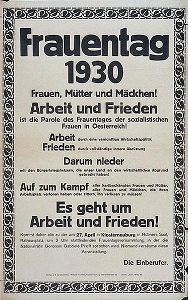 Ankündigung einer Frauentagsveranstaltung der sozialistischen Frauen Österreichs in Korneuburg in Niederösterreich am 27. April 1930 mit Gabriele Proft als Rednerin