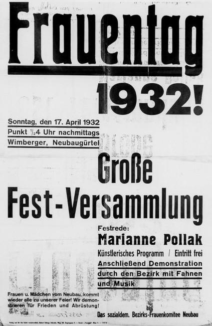 Ankündigung einer Festversammlung des Frauenbezirkskomitees Neubau zum Frauentag 1932 mit Marianne Pollak als Rednerin