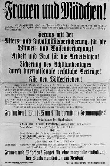 Aufruf des sozialdemokratischen Bezirksfrauenkomitees Neubau zur Maifeier am 1. Mai 1925 in Wien