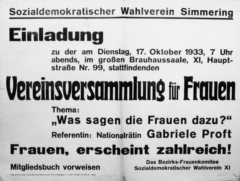 Ankündigung zur Vereinsversammlung für Frauen des Sozialdemokratischen Wahlvereins und Bezirsfrauenkomitees Simmering am 17. Oktober 1933 mit Gabriele Proft als Rednerin