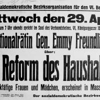 Ankündigung einer sozialdemokratische Veranstaltung für werktätige Frauen und Mädchen mit einem Referat von Emmy Freundlich über die Reform des Haushaltes am 29. April 1925