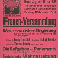 Ankündigung einer Frauenversammlung der SDAPÖ Leopoldstadt am 16. Juni 1932 mit Emmy Freundlich, Karl Kautsky und Therese Ammon als RednerInnen
