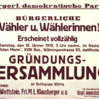 Maria L. Klausberger als Rednerin bei der Gründungsversammlung der Bürgerlich-demokratischen Partei (Plakat 1919)