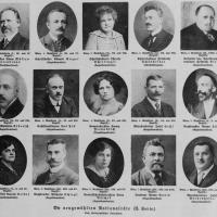 Tableau mit 15 Abgeordneten zum Nationalrat 1919, u.a. mit Anna Boschek, Therese Eckstein, Emmy Freundlich, Amalie Seidel