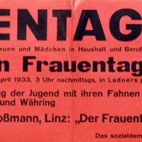 Ankündigung einer Frauentagsveranstaltung des sozialdemokratischen Bezirksfrauenkomitees Währing zum Frauentag am 9. April 1933 in Wien mit Ferdinanda Floßmann als Rednerin